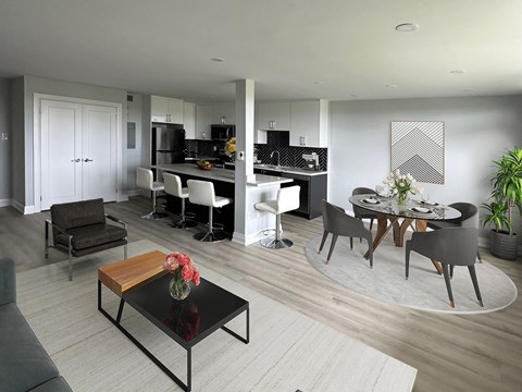 A modern kitchen and dining area with a black coffee table in the center.